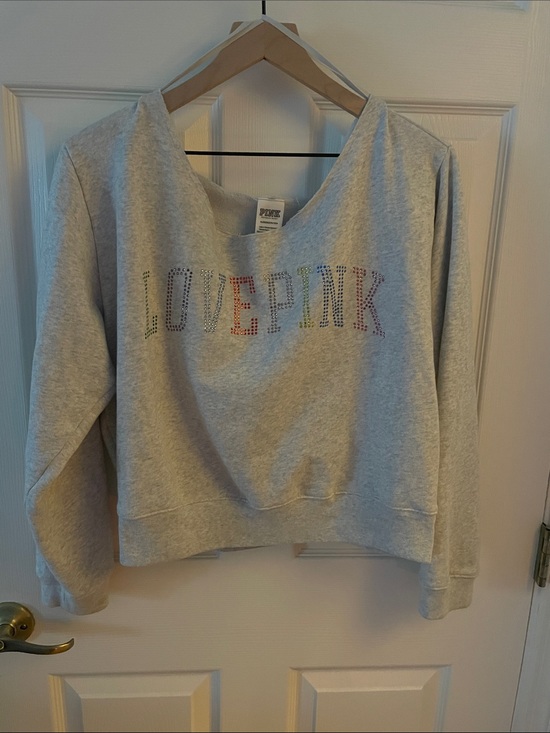 PINK Victoria's Secret Tops - PINK Victoria's Secret Gray Sweatshirt with Multicolor Rhinestone 'LOVE PINK' XL